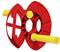 A red cable drum body with two yellow tubes running through the centre.
