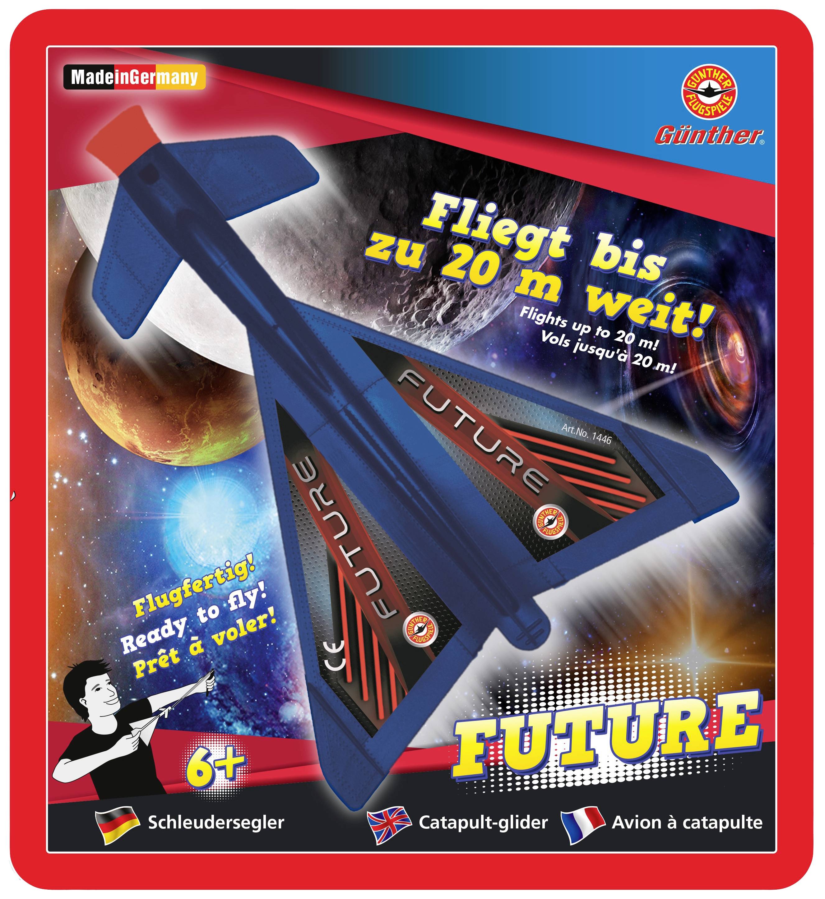 Günther's 'Future' Hang Glider, ready to fly for children aged 6 and up. Flies up to 20 metres. Background depicts space with planets.