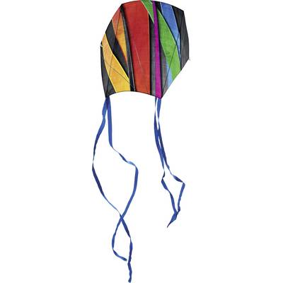 A colourful kite with black, red, orange, yellow, green and blue stripes. Two long, blue ribbons hang down.