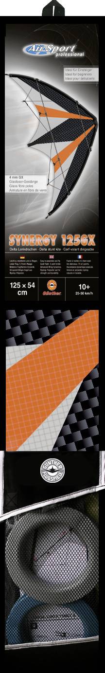 Packaging for a stunt kite with an orange and black design. Includes technical details such as 'Synergy 1250X', dimensions, and included accessories.