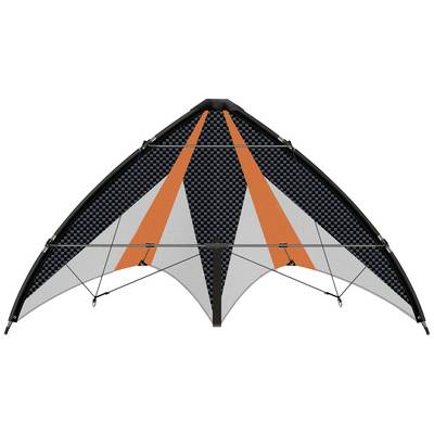 A kite with a black and grey chequered pattern and orange stripes. It has support struts for stabilisation.