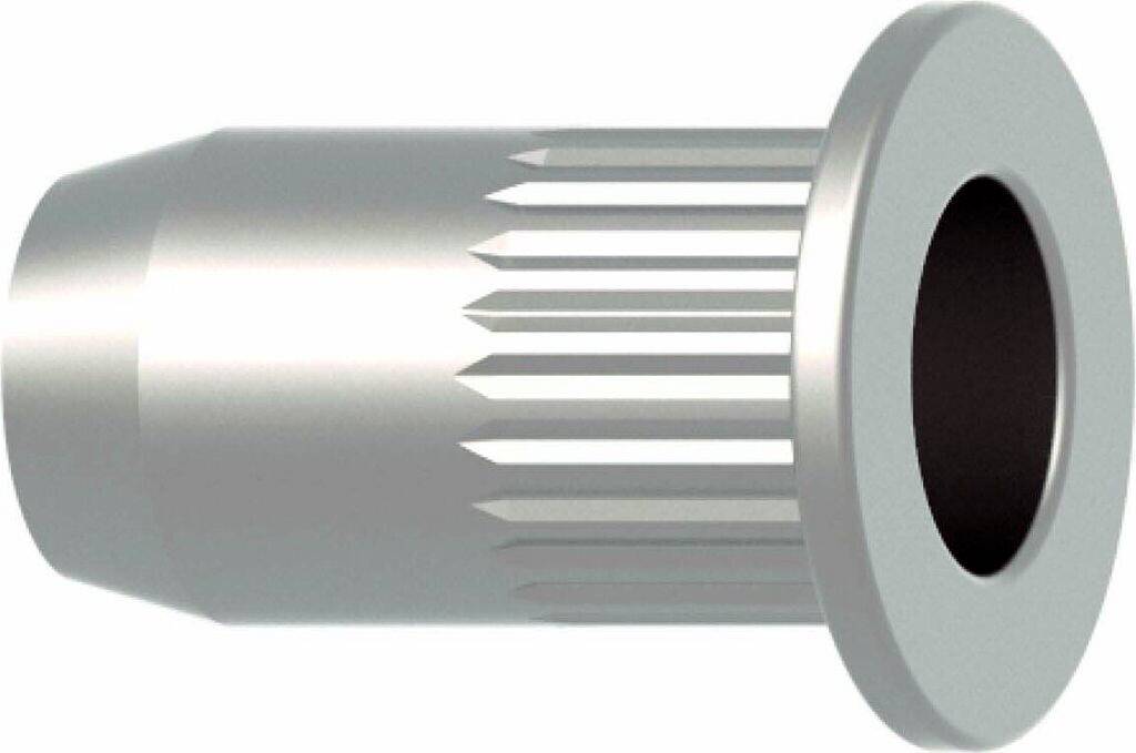 A metallic rivet with a cylindrical shape and a flanged head, featuring vertical grooves along the body.