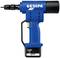 Battery-powered riveting tool by Gesipa with a blue casing and black handle, suitable for precise and rapid riveting.