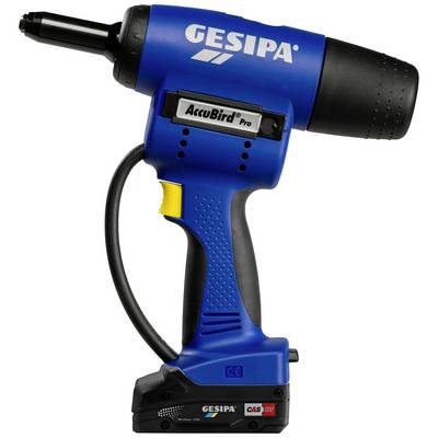 Battery-powered riveting gun 'AccuBird Pro' by GESIPA, blue housing, ergonomic design, for professional riveting work.