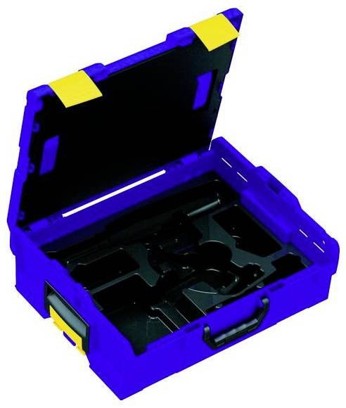 A blue and yellow open carrying case with compartments inside designed to securely hold various tools or equipment.
