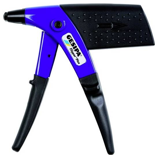 Blue and black Gesipa Hand-Plus rivet tool with a black grip and arrow-marked body, shown on a white background.
