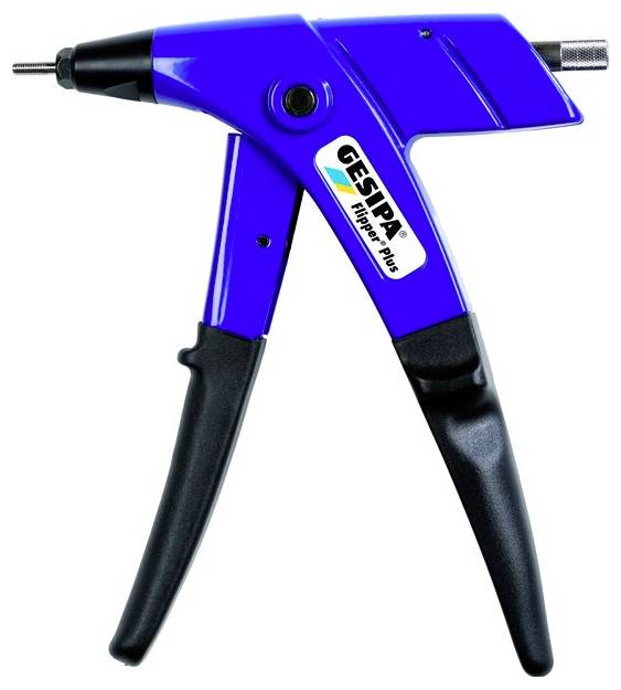 Blue and black hand rivet tool with a 'GESIPA' label, shown isolated on a white background.<br>