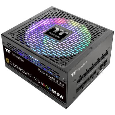 A black computer power supply from Thermaltake, model 'Toughpower GF3 ARGB 850W', with an illuminated RGB fan on top.