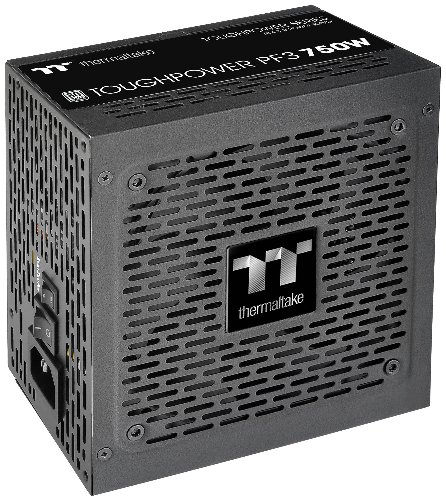 'Thermaltake Toughpower PF1 750W Power Supply, black, with side ventilation slots, logo on the top surface.'