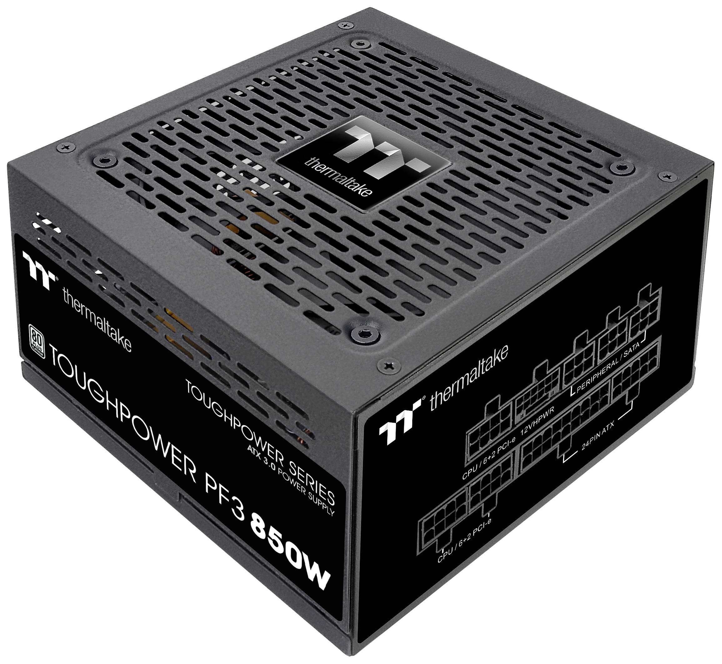 Thermaltake computer power supply with 850 Watts of power, model Toughpower PF3. Black casing with ventilation grille and connections on the side.