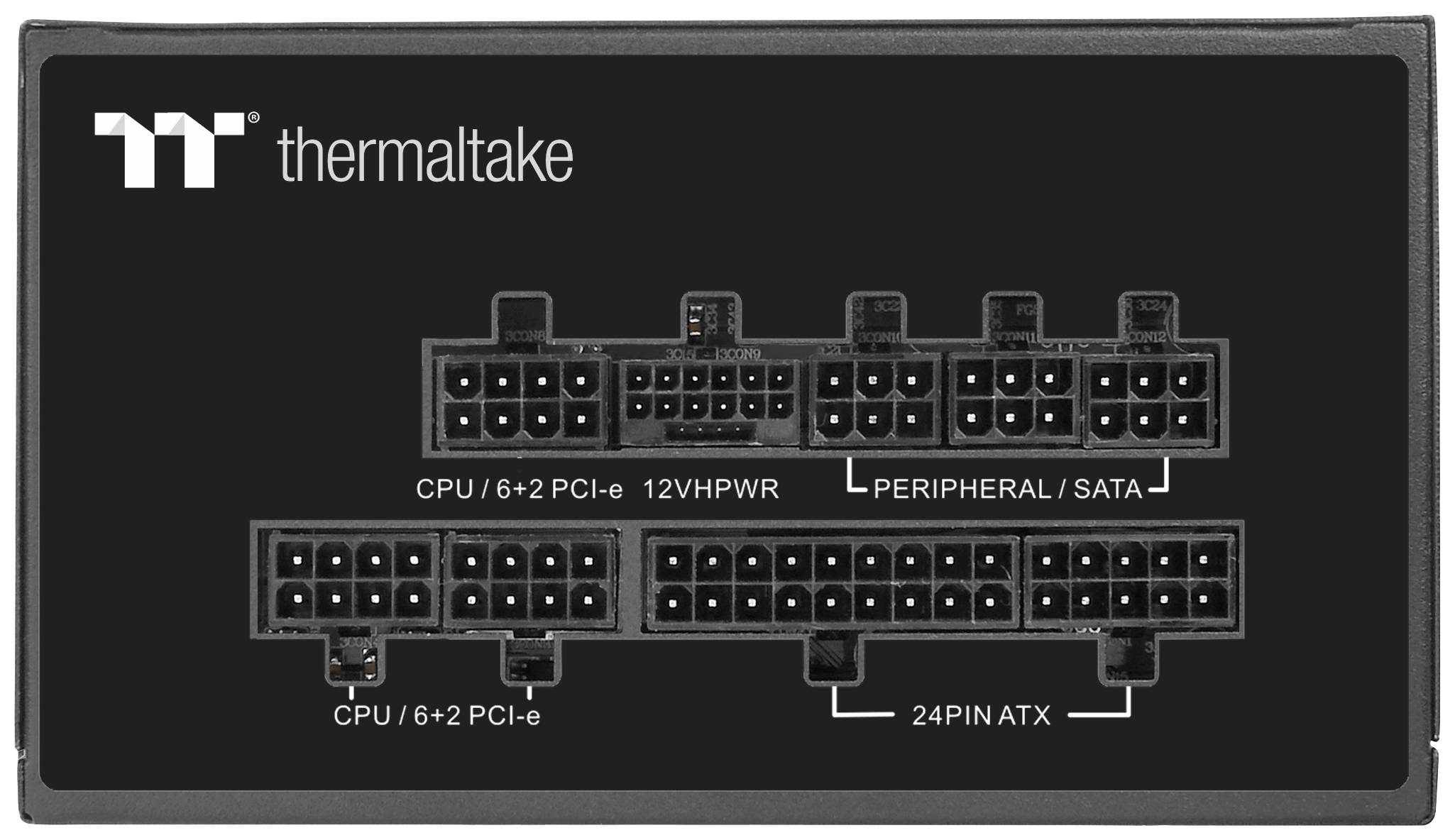 'Rear side of a PC power supply with connections for CPU, PCI-e, 12VHPWR, peripheral devices/SATA and 24-pin ATX power.'