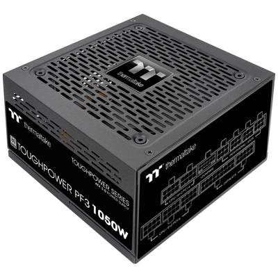 Black power supply unit for computers with the label 'Thermaltake Toughpower PF1 1050W', ventilation slots and cable connections visible.