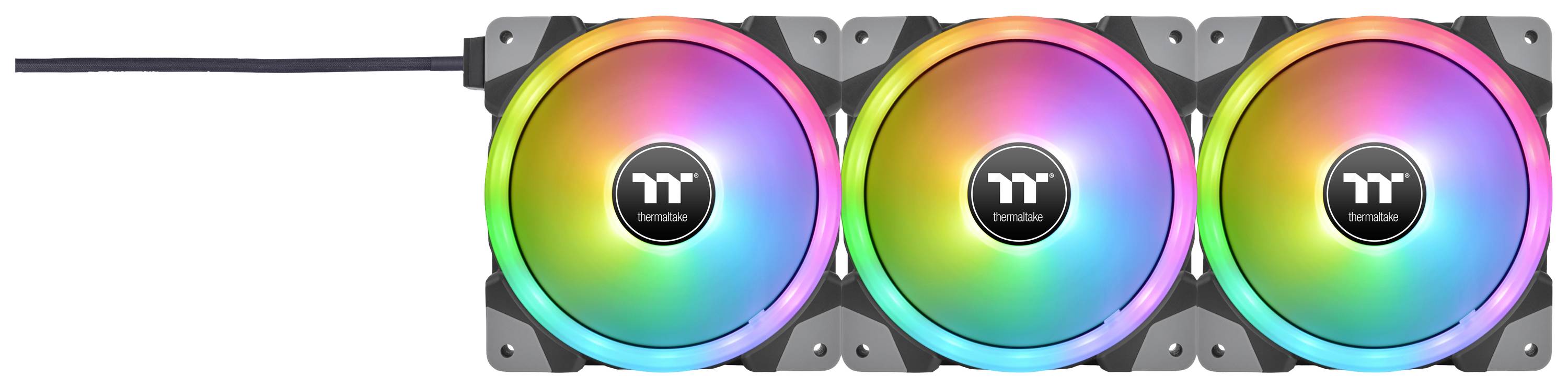 Three colourful, glowing fans side by side, ideal for PC case cooling with RGB lighting.
