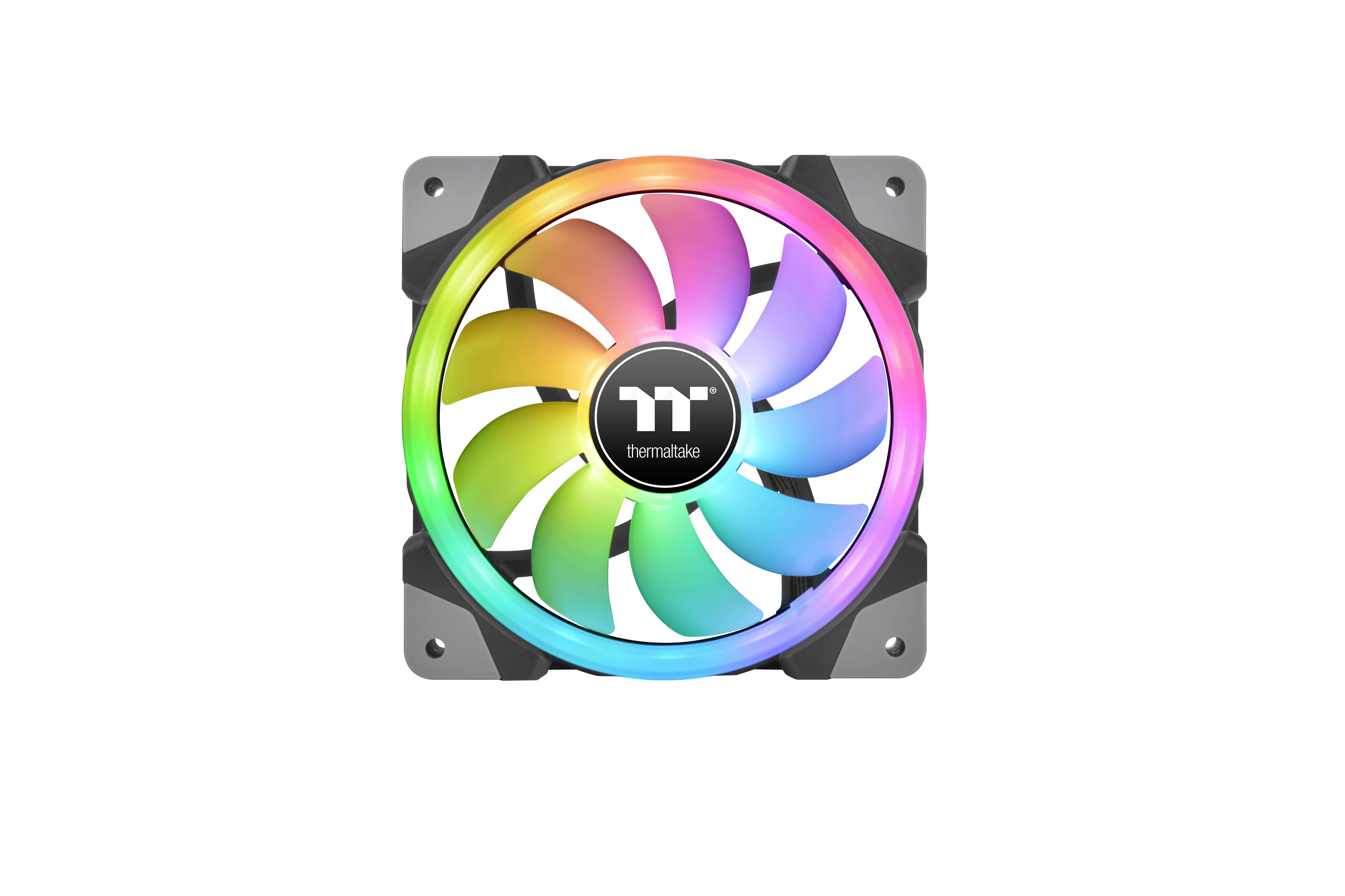 A backlit computer fan with a Thermaltake logo in the centre, displaying a spectrum of rainbow colours whilst in operation.