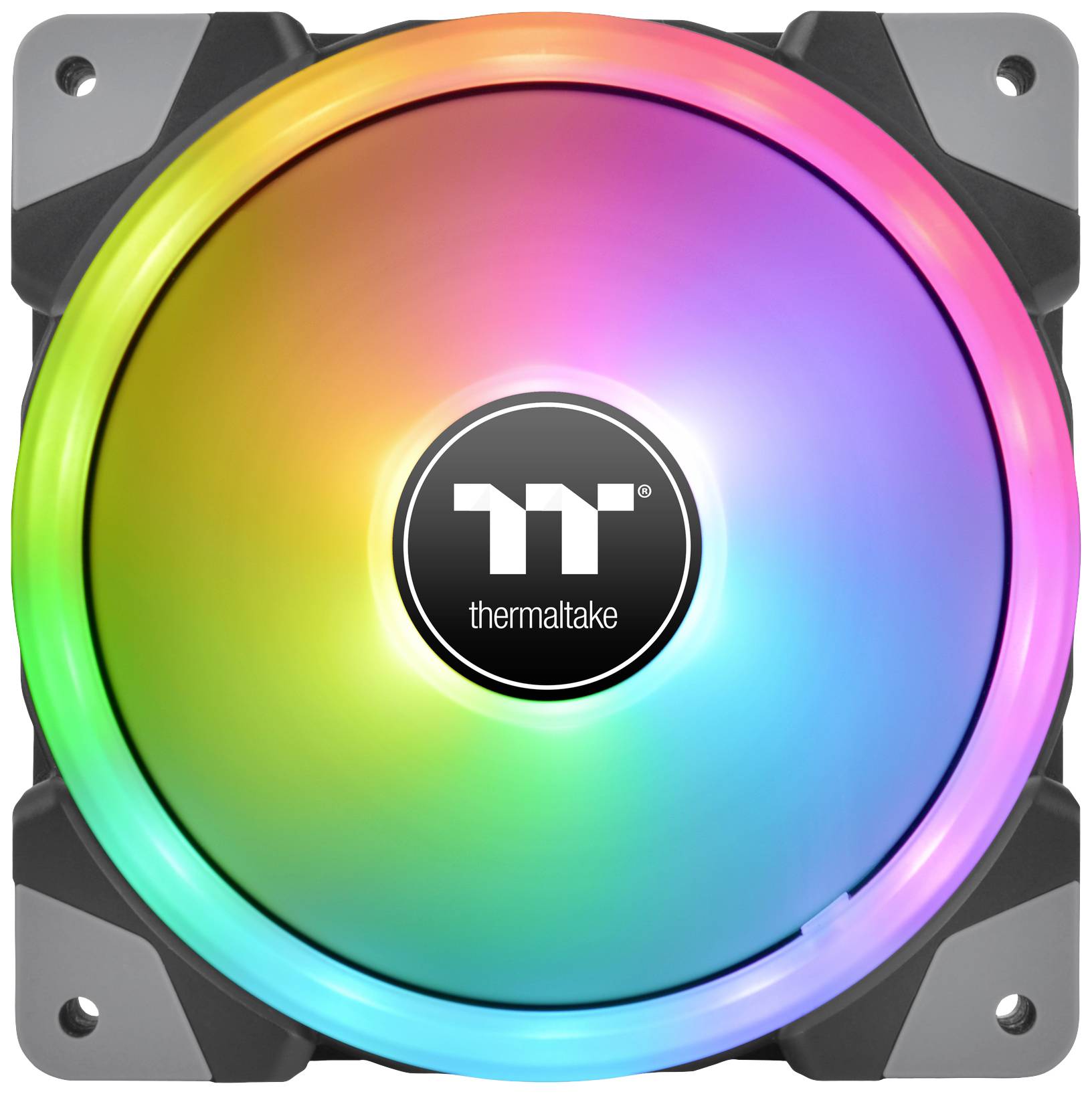 A luminous fan with RGB LEDs that illuminate in various colours. The 'Thermaltake' logo is situated in the centre.