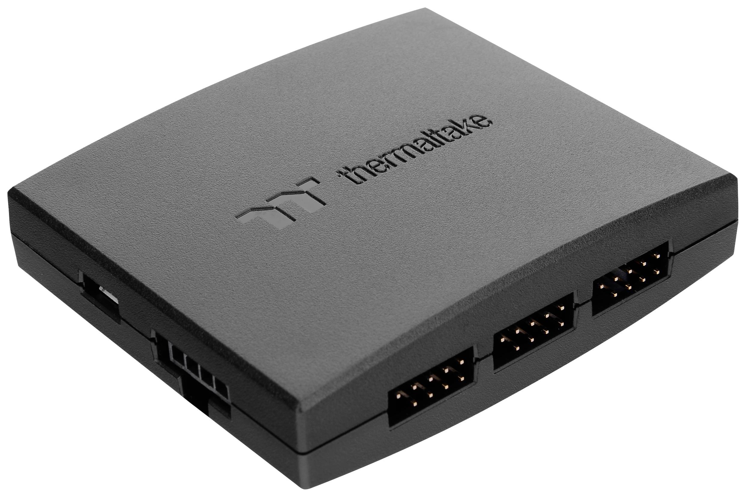A black plastic hub with multiple ports and the 'Thermaltake' lettering on top.