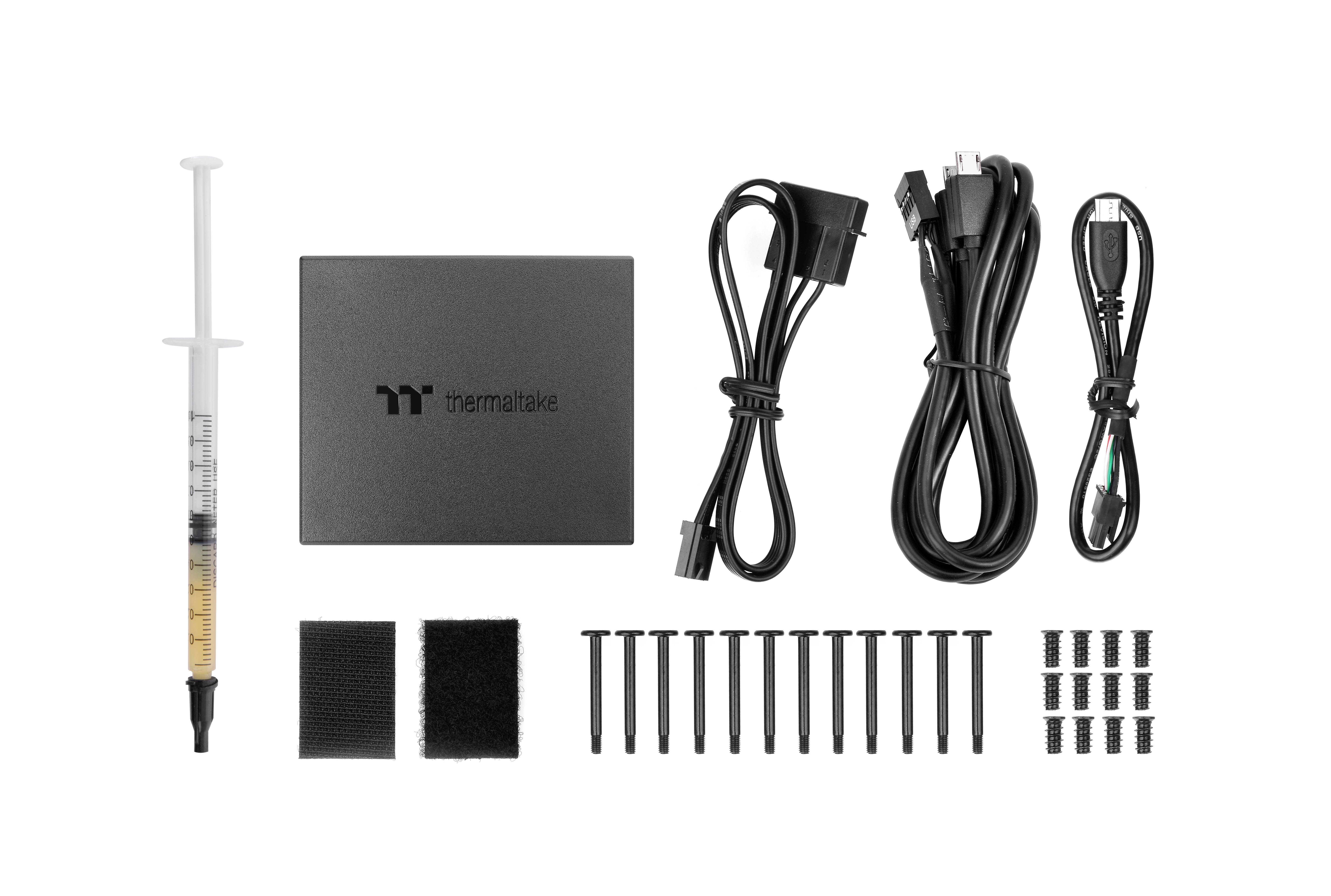 Liquid cooling kit with syringe, control box, cables and mounting parts.