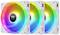 Three white computer fans with coloured RGB lighting, arranged in a row. Each fan displays the logo in the centre.