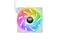 Radiator fan with a white frame and rotating RGB LEDs creating a rainbow effect.