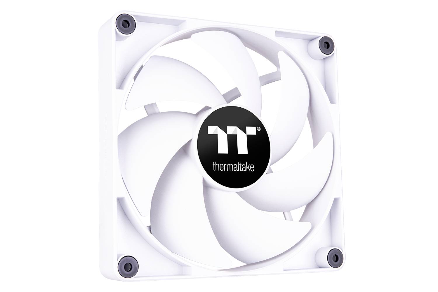 A white computer fan with the 'Thermaltake' logo in the centre. The fan has five large blades and four screw holes.