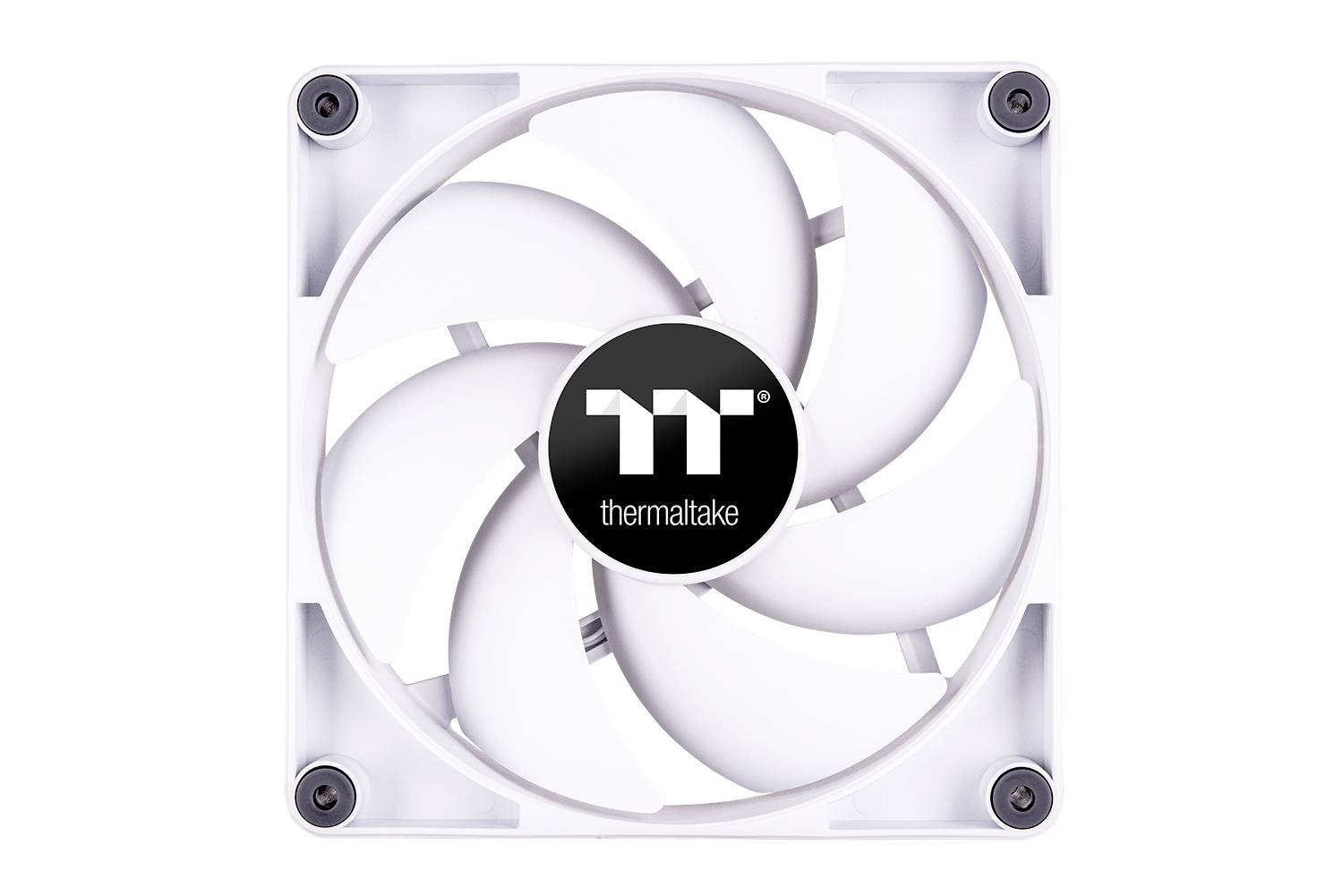 White Thermaltake fans with a black logo in the centre, square design with screws at the corners.
