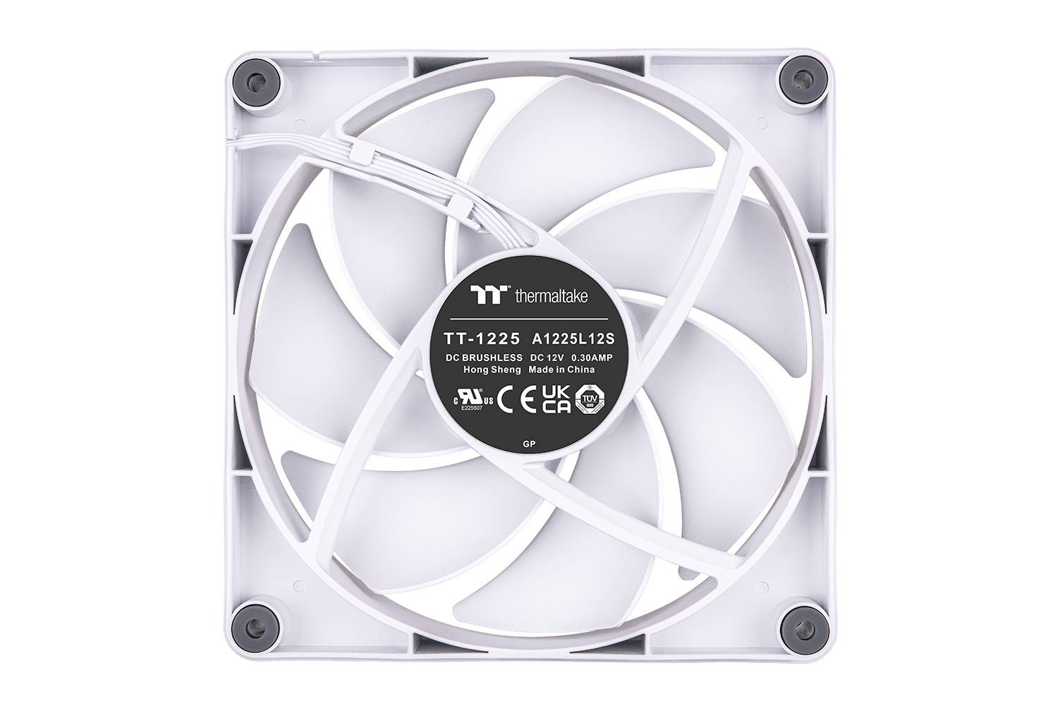 A square white computer fan with a black label in the centre showing brand and model information.