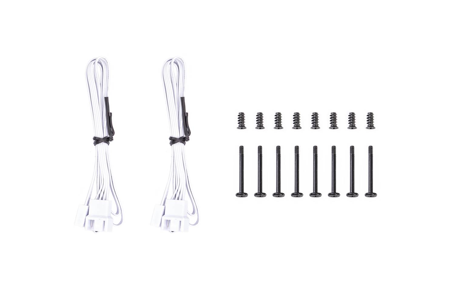 White accessory set with two cables and several screws in black.
