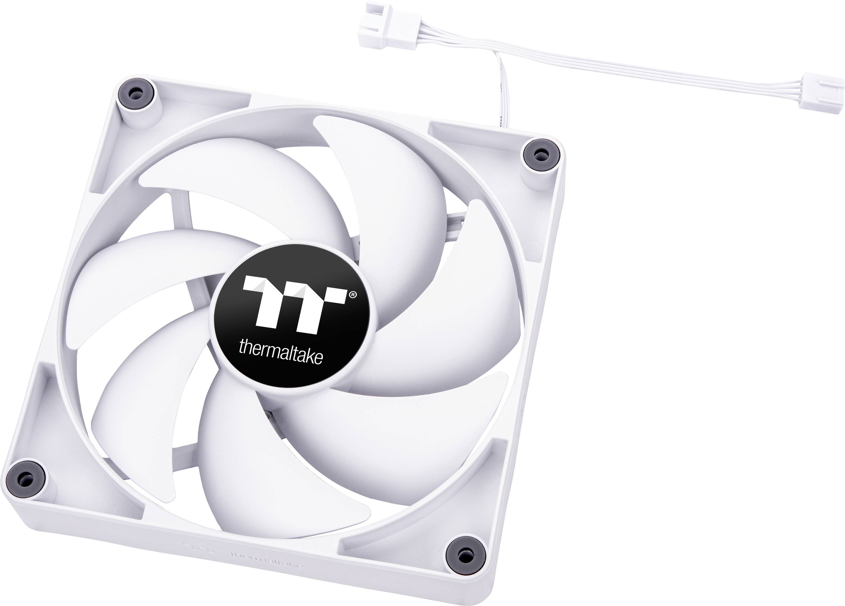 A white computer fan with five rotor blades and a cable with a plug. The 'Thermaltake' logo is visible in the centre.