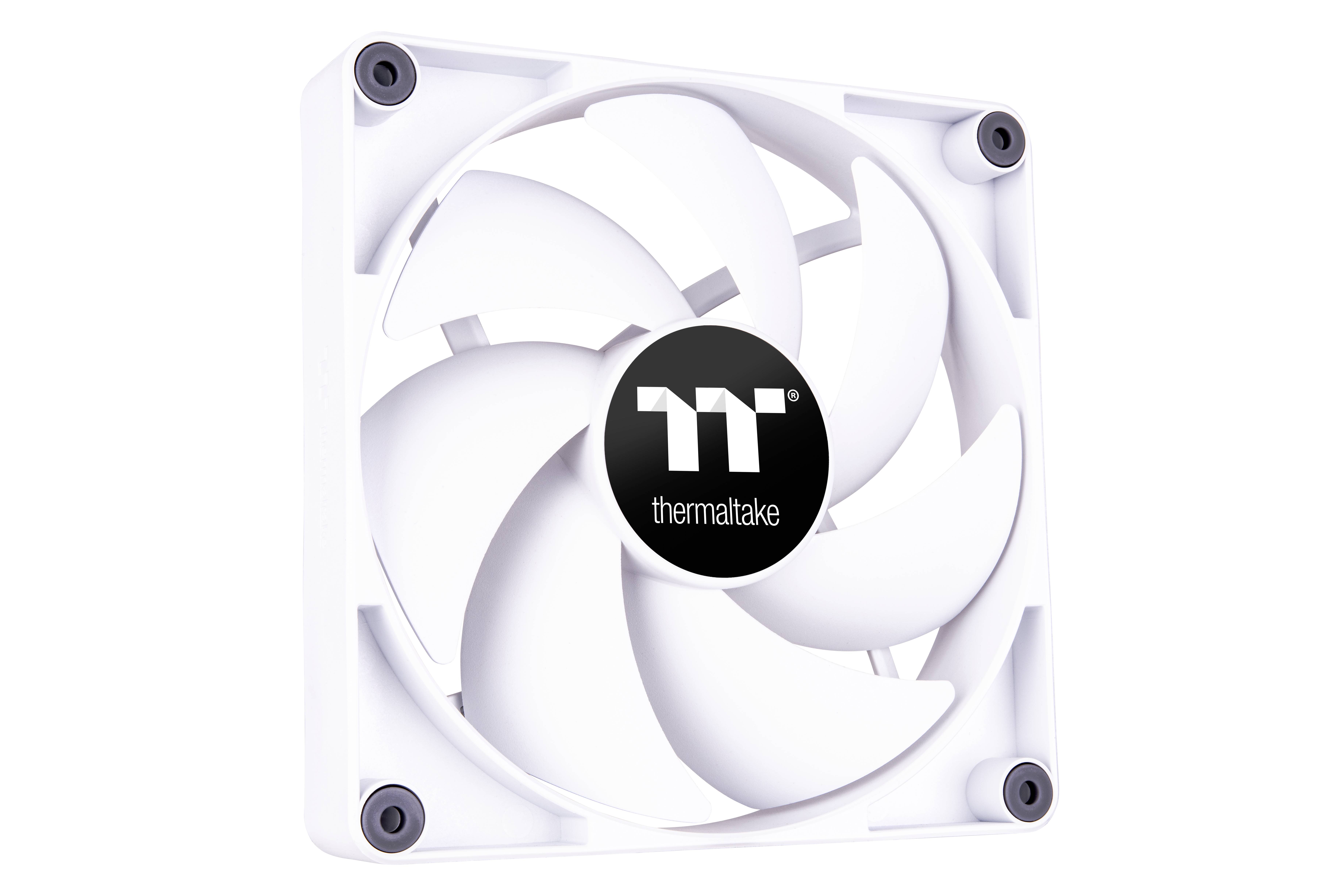 A white computer fan with five blades, marked with the 'Thermaltake' logo in the centre.