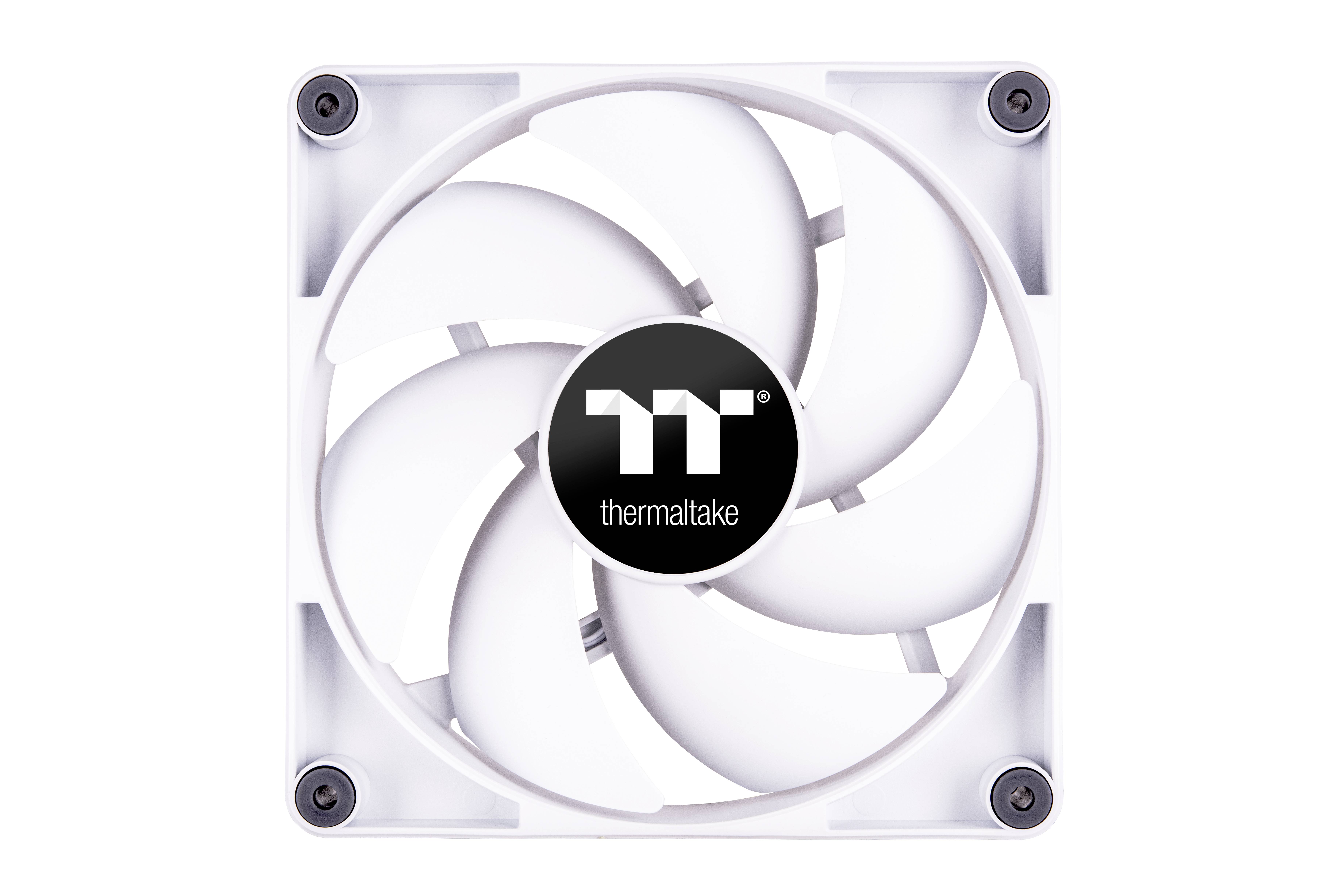 A white Thermaltake computer fan with a square frame and black centre, displaying the company logo.