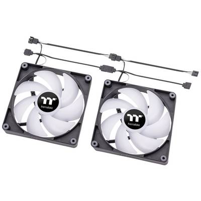 Two black computer cooling fans with transparent blades, connected by power cables, display the Thermaltake logo in the centre.