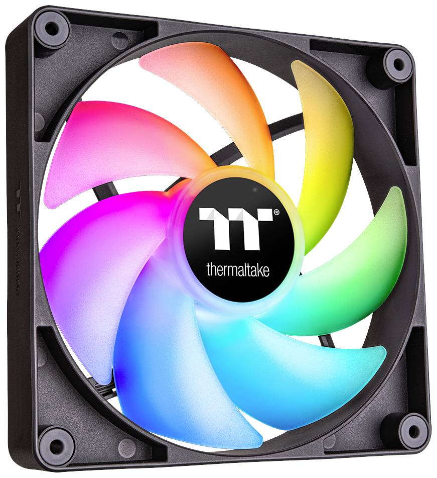 Computer fans with colourful LED lights, Thermaltake brand, in a square design. Suitable for cooling in PC cases.
