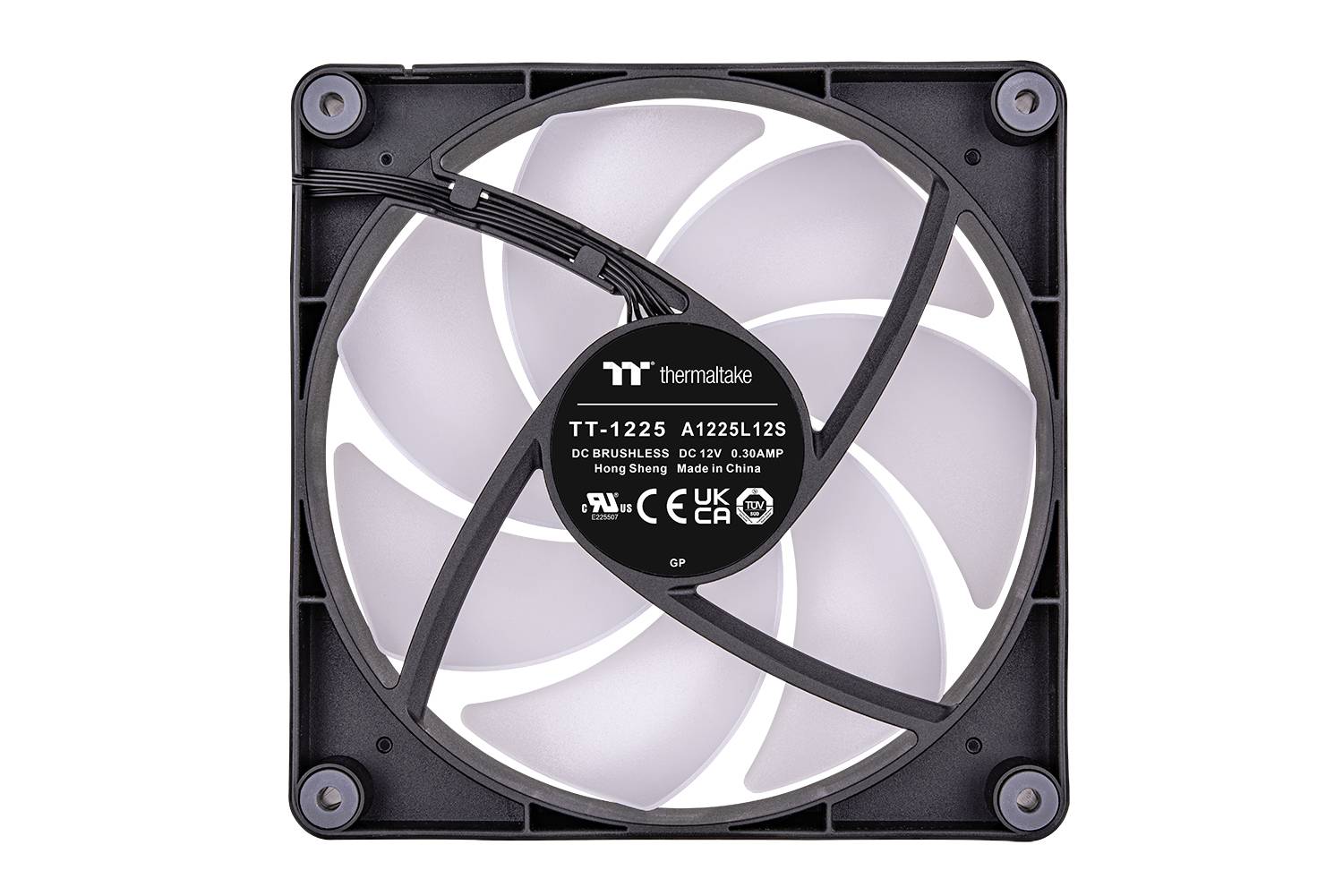 A square Thermaltake computer fan, Model TT-1225, with eight white fan blades and a black frame, viewed from above.