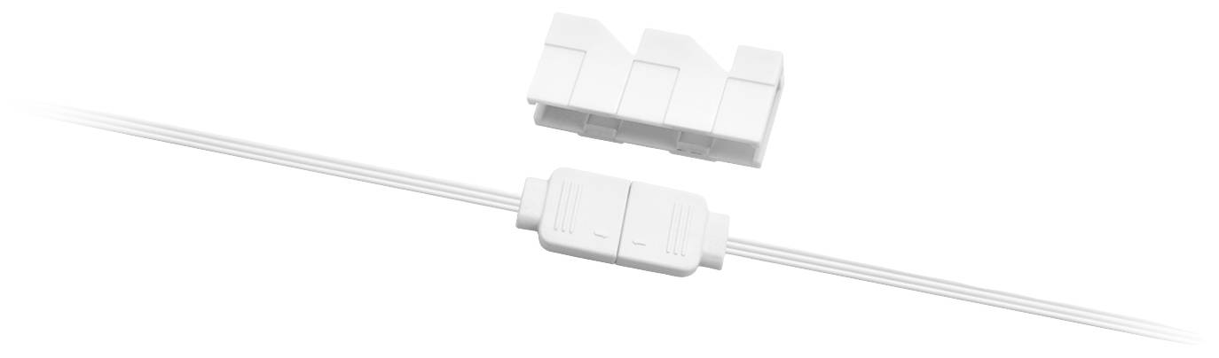 White LED strip plug with cable, alongside two housing caps that serve to connect and cover the electrical contacts.