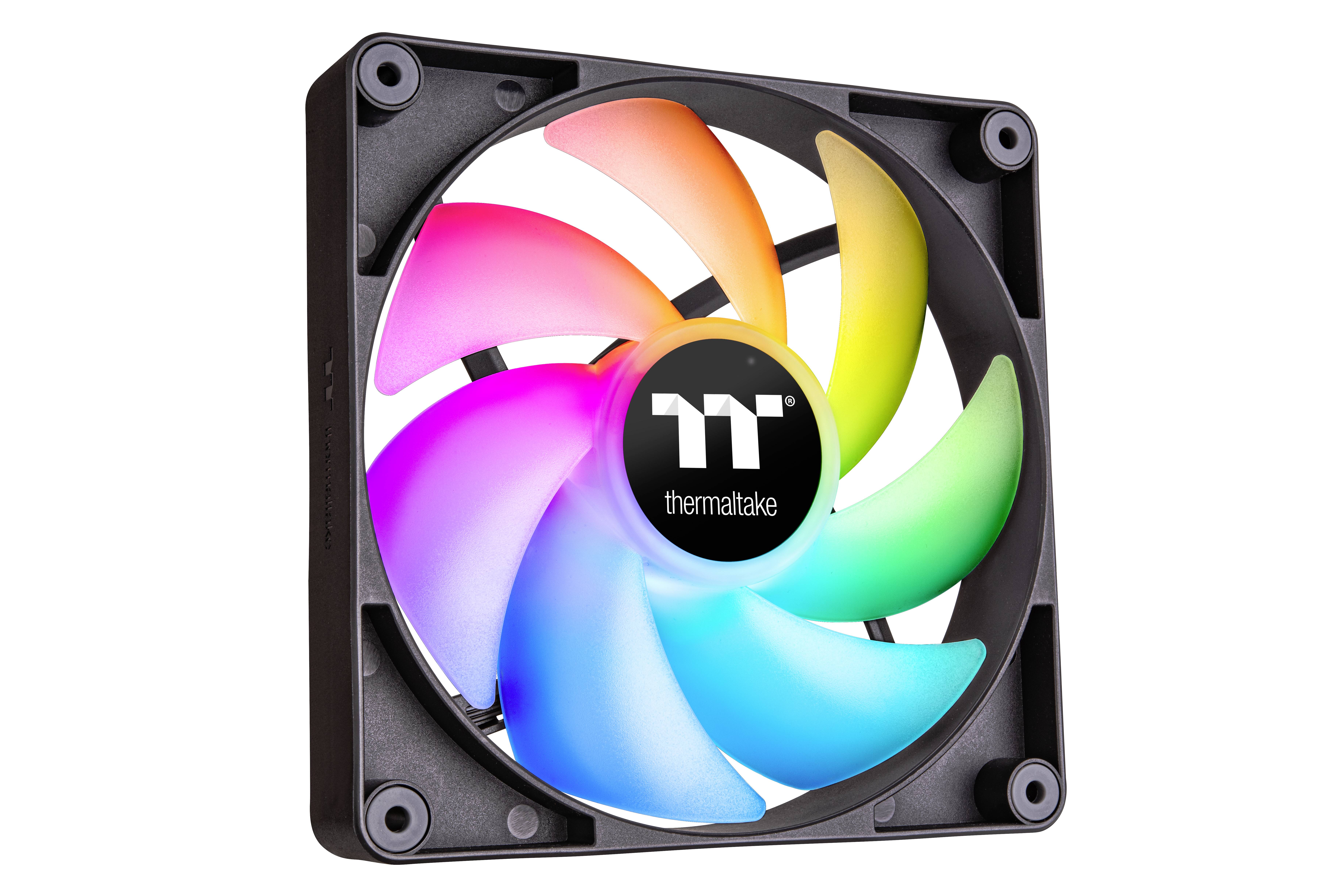 A computer fan with colourful LED lights creating a rainbow effect. The casing is black with a logo in the centre.