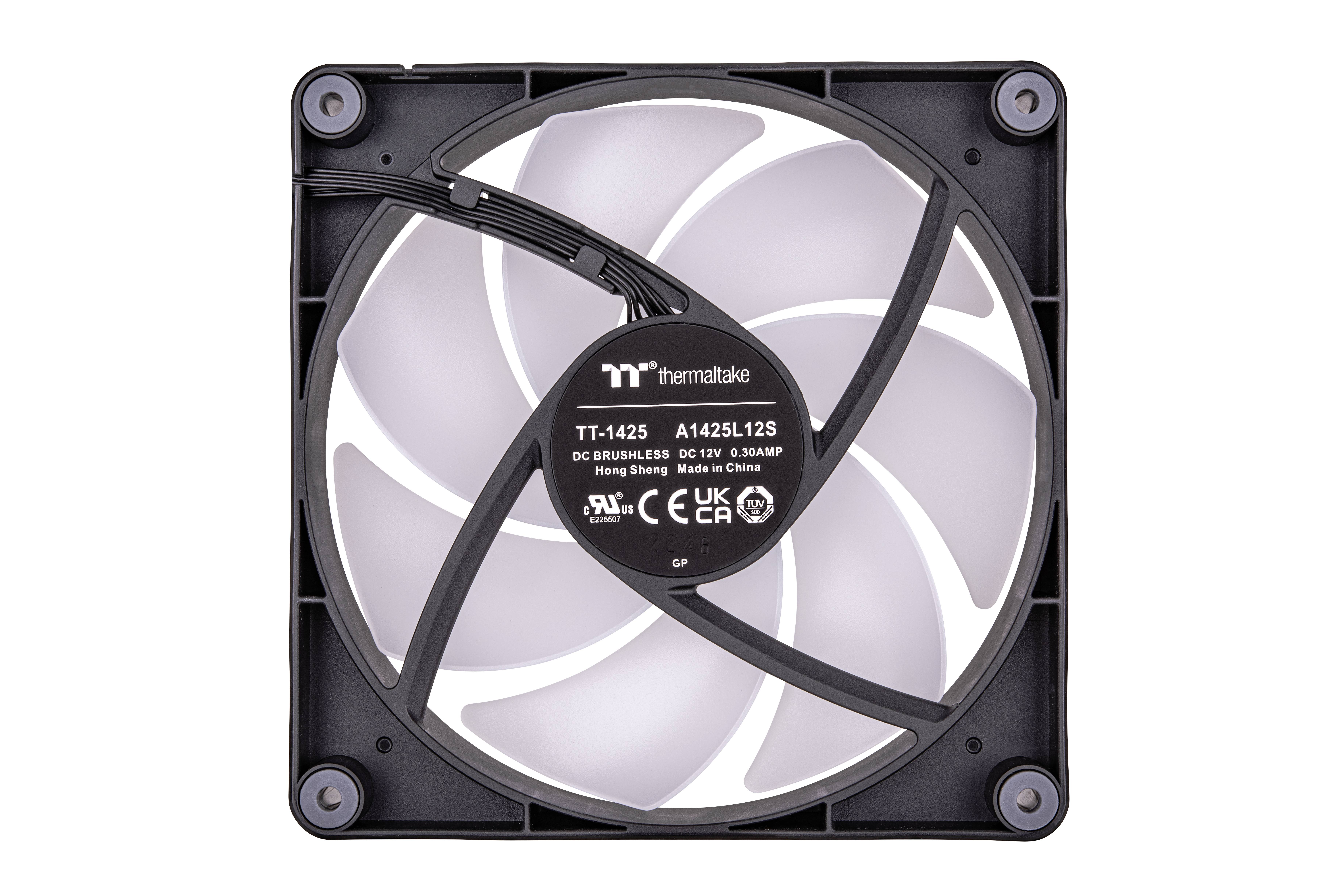 Computer case fan in a black frame with white rotor blades, brand markings and technical specifications on the cover.