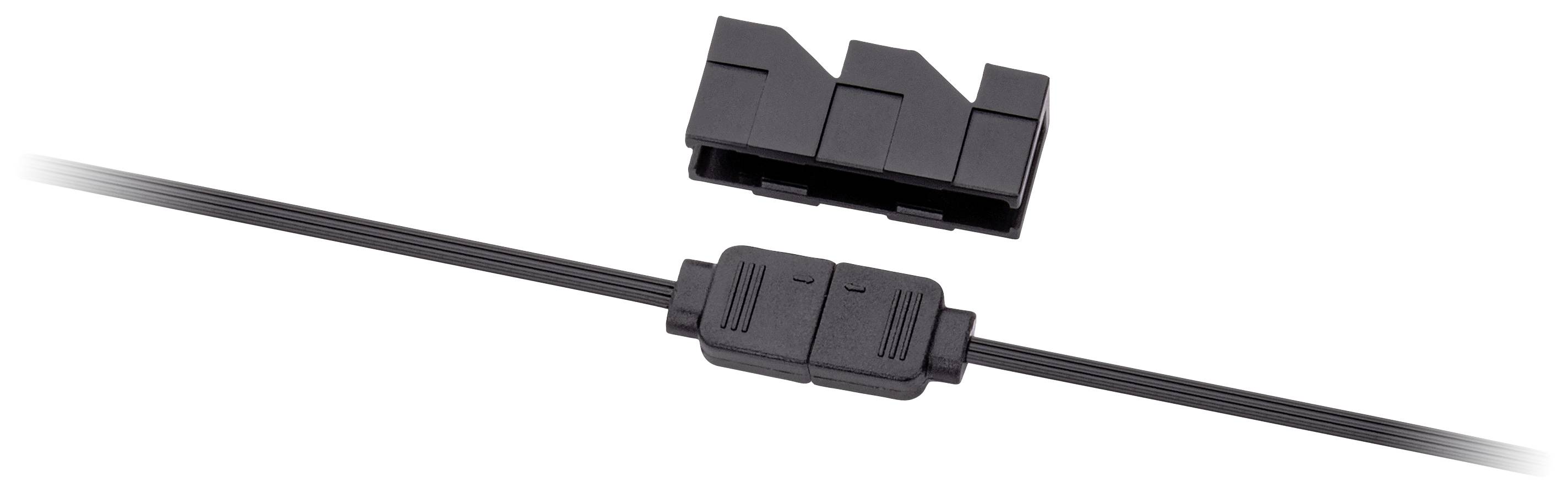 A black cable connector with an open flap. The cable runs horizontally through the connector.