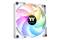 A white computer fan with multiple coloured LED lights in a spectrum of pink, blue, yellow, and green.