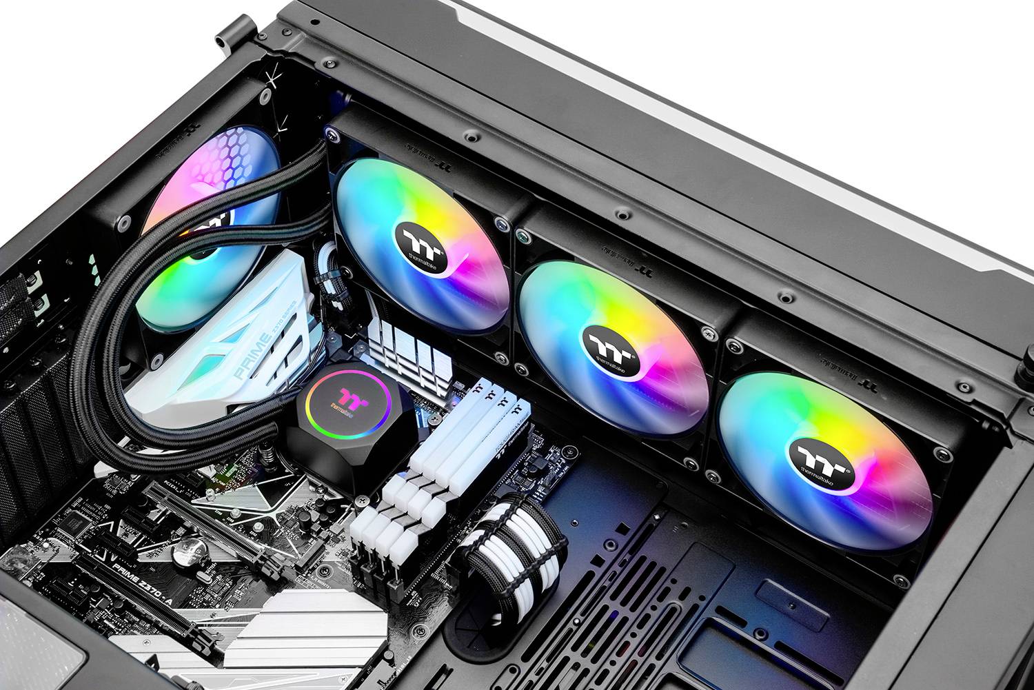 An open computer displays an interior view with multiple RGB fans and a cooling system on a motherboard.