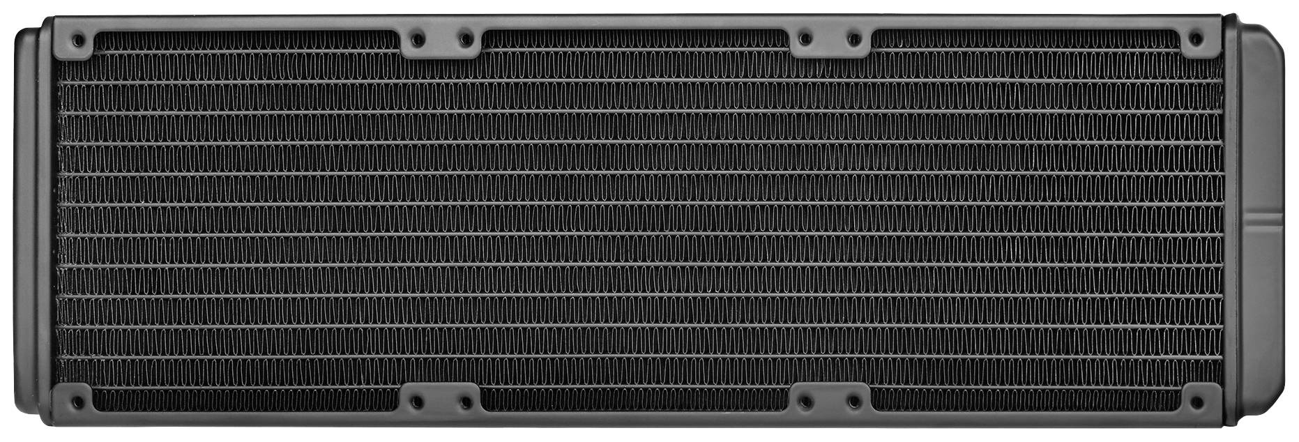 A black computer heatsink in a rectangular shape with a fine fin structure for heat dissipation, primarily used in PC cases.