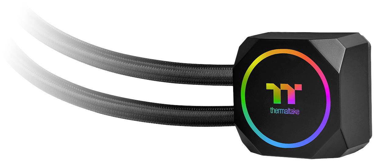 Compact water cooling unit with two hoses and illuminated logo. Ideal for high-performance computer cooling systems.