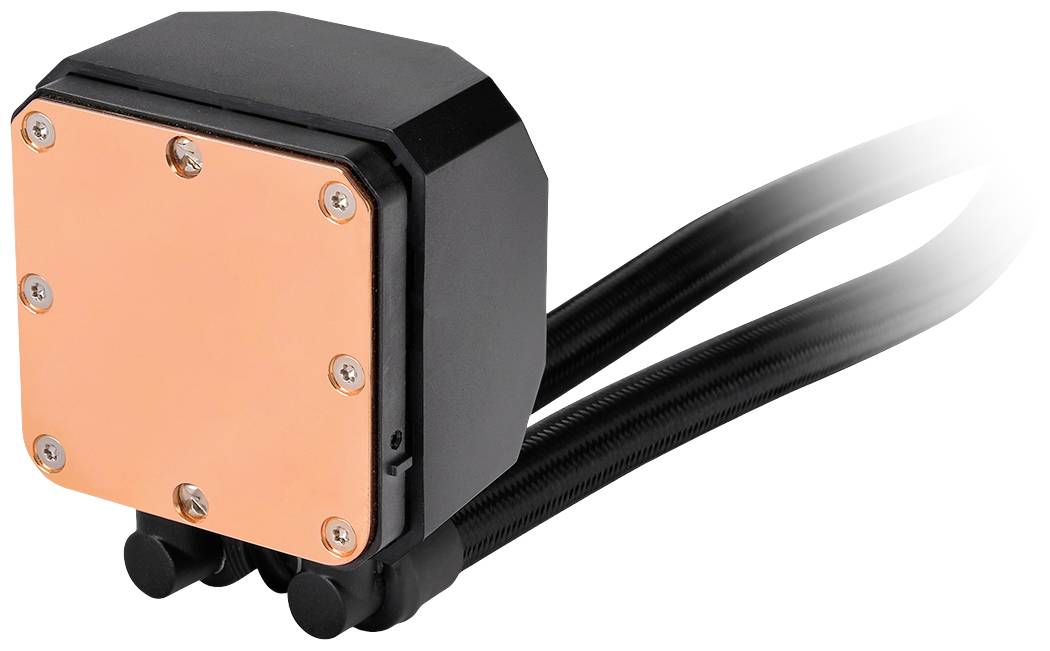 A compact water cooling pump with a copper cooling plate and two black hoses. Ideal for PC cooling systems.