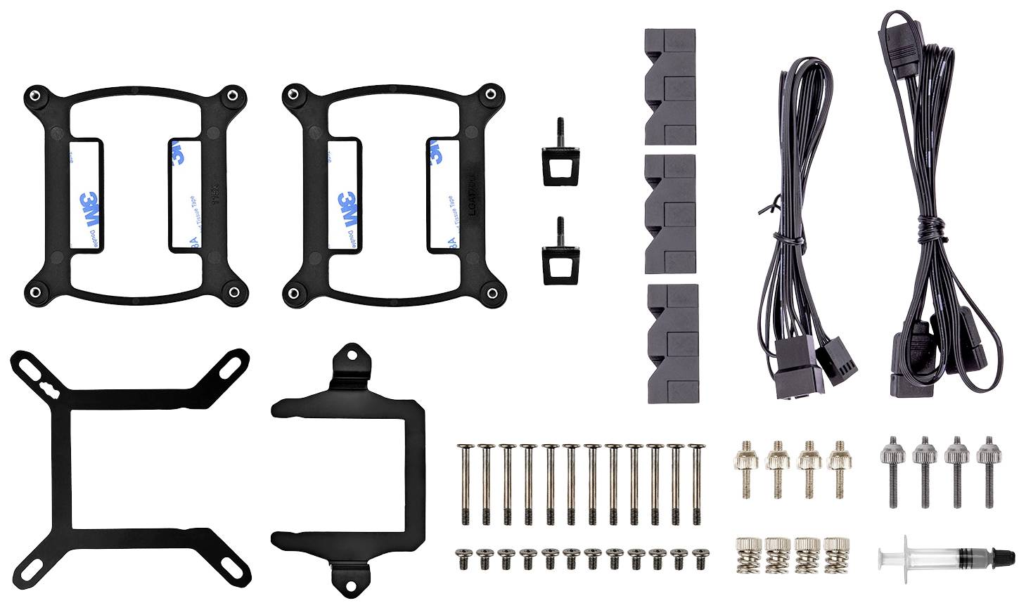 Mounting kit for CPU cooler, comprising mounting brackets, screws, cables, and thermal paste.