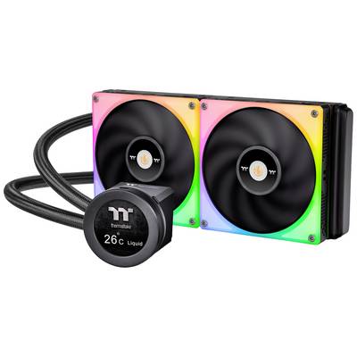 'PC water cooling with two fans and LED lighting, displaying a temperature reading of 26°C.'