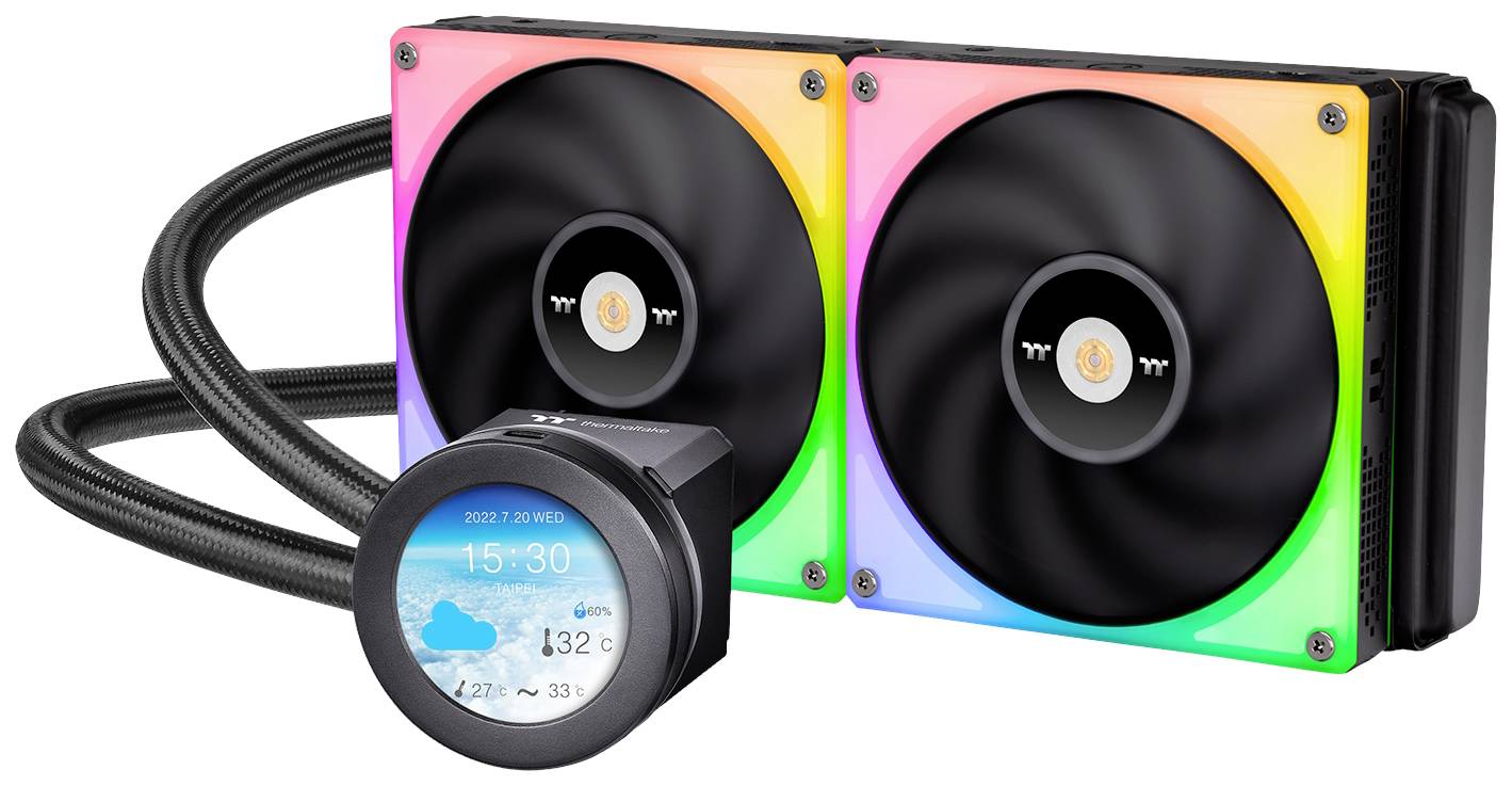 Water cooling system with two fans and a circular control unit with temperature display in degrees Celsius.