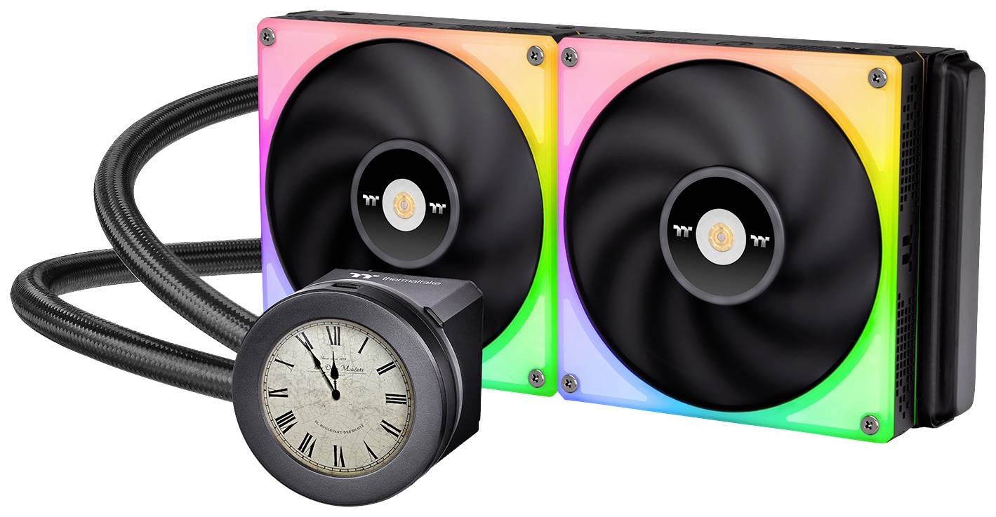 Cooling system with two large fans and a pump housing, surrounded by coloured LED lights, for cooling a computer.
