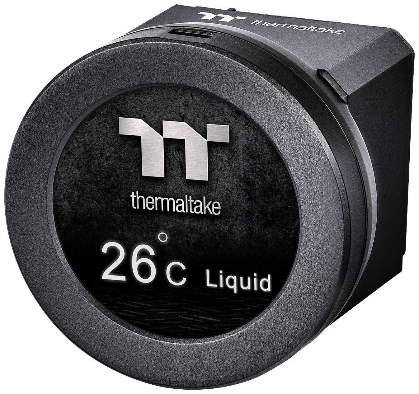 Thermaltake round liquid cooler with temperature display '26°C Liquid' on a black background.
