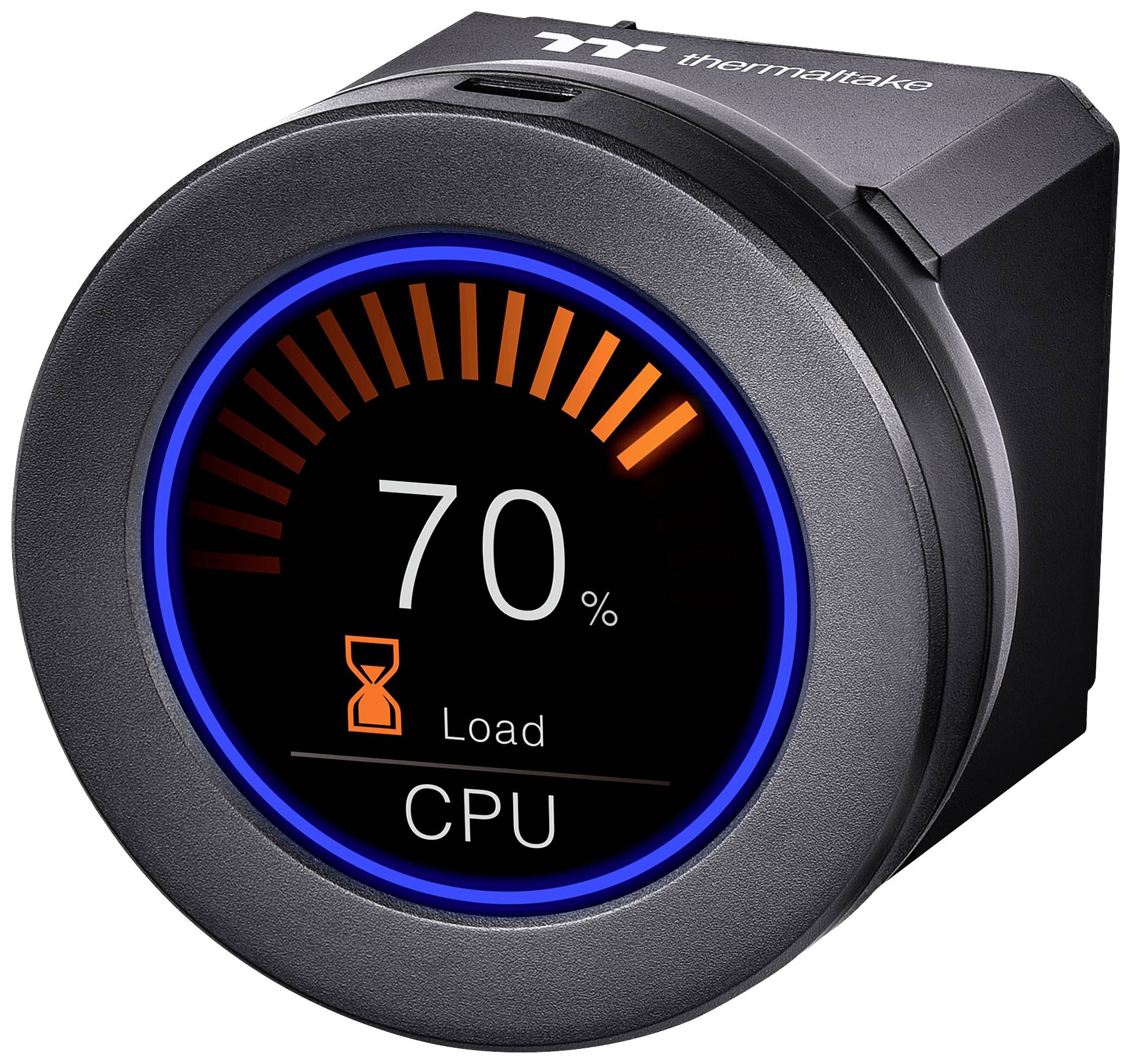 Round display of a computer CPU load meter, showing 70% utilisation with orange bars and an hourglass symbol.