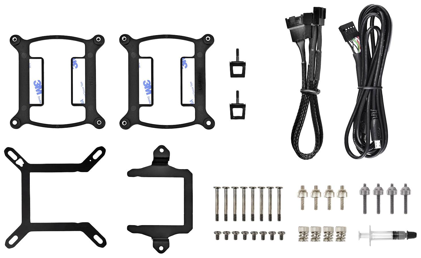 A set of computer components: two black mounting brackets, cables, screws, and a tube of thermal paste, for CPU cooler installation.