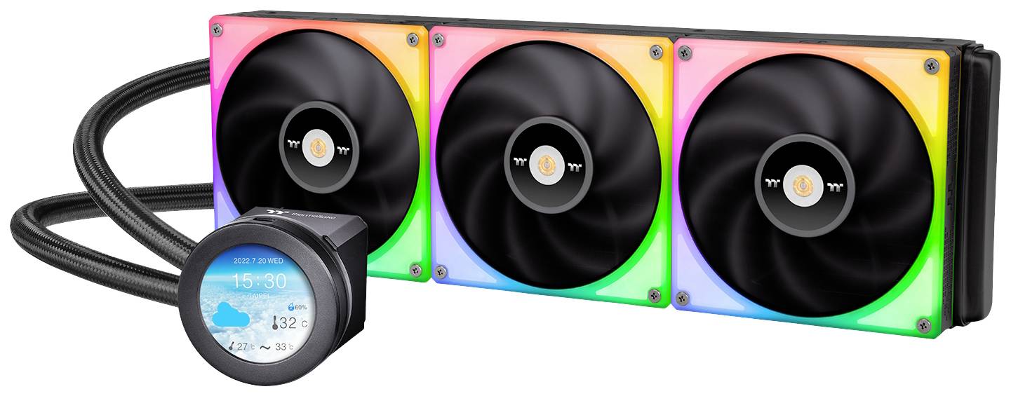 Three colourful computer fans with RGB lighting in a heatsink, connected to a control panel that displays temperature and weather.